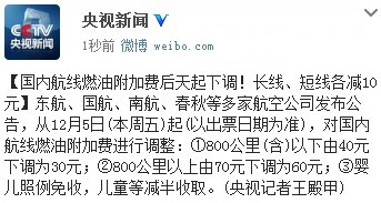 玉溪国内航线燃油附加费后天起下调 长线、短线各减10元